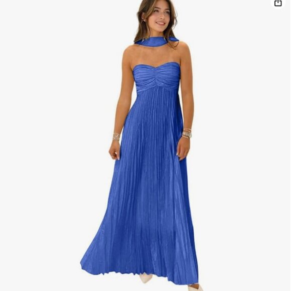 Royal Blue Pleated Chiffon Strapless Dress with Scarf - Picture 1 of 5